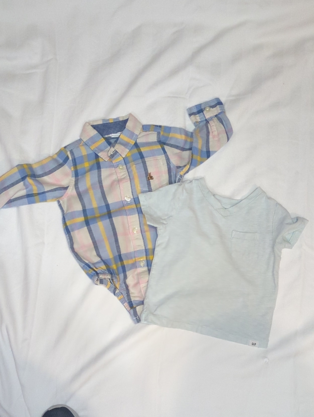 GAP Pastel Plaid Button-Front Onesie & Light Blue Tee Set
